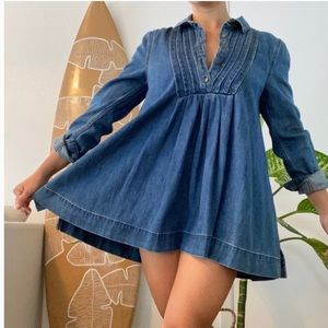 Free People Denim Babydoll Top, Button Front, Oversized, Relaxed, Flowy, Large